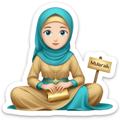 Turkish beautiful finish Konya girl blue eyes with gold hijab and islamic long tailed turquoise dress on the floor and had on her hand text Eid Mubarak  sticker