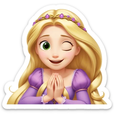 Cinematic Playful Rapunzel Portrait Emoji, Giggling as Pascal sits atop her head, hands cupped over her mouth in a moment of pure joy, her radiance shining through, utterly enchanting! sticker