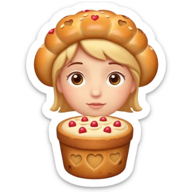 Apple-style emoji illustration of a cuteperson  with dreamy eyes thinking of a traditional panettone, small hearts floating around, soft 3D emoji style, smooth gradients, rounded shapes, warm festive colors, simple expression, centered composition, transparent background, no text. sticker