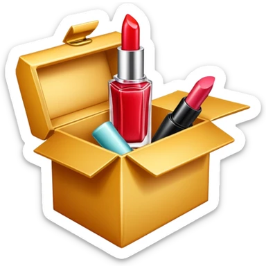 an opened box with a few beauty items such as lipstick and perfume sticker