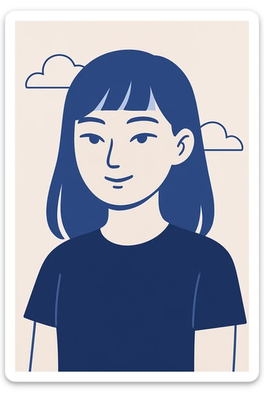 a girl with narrow Asian blue eyes, brown hair, and a small bang below her shoulders, wearing a black T-shirt, clean modern illustration style sticker
