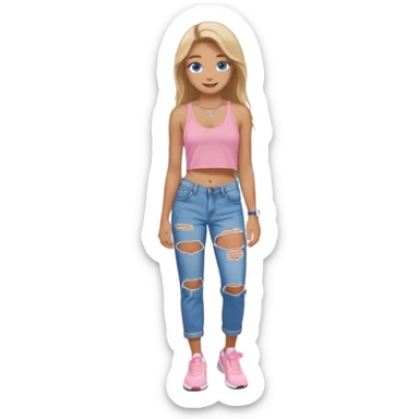 preppy teenage girl, blue eyes, tan, less blonde highlights, brown long hair, long eyelashes, beach aesthetic, wearing cute clothes, wearing ripped blue longer baggy jeans with a light pink sexy revealing low neck crop top, wearing Nike shoes, very sexy, very long eyelashes, very pretty sticker