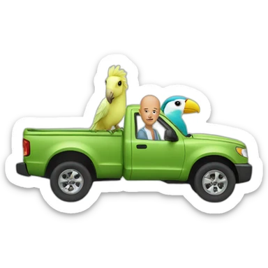 a bald man, a horse and a parakeet in a truck sticker