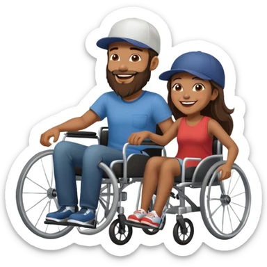Tan skinned man with a beard and fitted cap in a wheelchair and a brown skinned woman with long dark hair in a wheelchair laughing  sticker