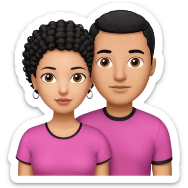 A picture if a couple, the man is a Mexican man with  black hair, a buzz cut and black shirt on.the woman is mixed with black and white, with curly hair and a pink shirt on sticker