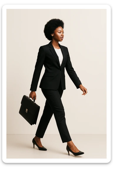 black woman in a smart suit and shoes, walking, briefcase in hand, minimal background sticker