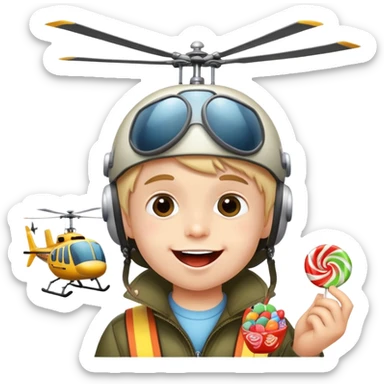 happy kid with helicopter hat eating candy sticker