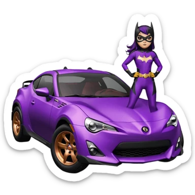 Relaxed adult 60’s Batgirl themed Satin black and rose gold colored Scion FR-S pursuit vehicle hot rod off road capable (tight fitting purple suit with black hair on her) sticker