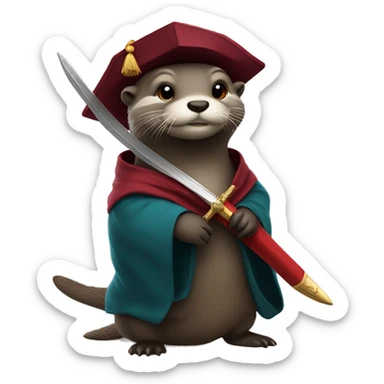 Otter wearing PhD robes and hat and a sword sticker