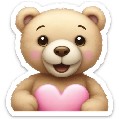 Happy beige teddy bear and a pink pastel heart sticker