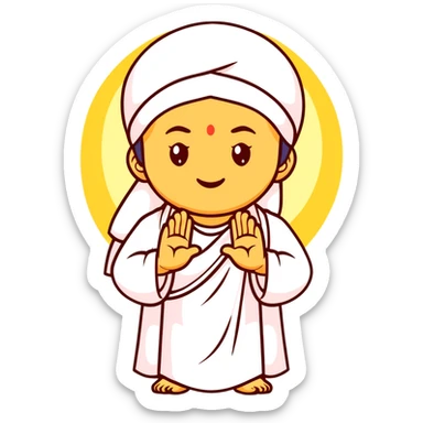 Sai Baba of Shirdi emoji, serene face, white robe and headscarf, golden halo, round emoji face, minimal and symbolic, right hand raised in blessing with two fingers up, pastel background, clean vector, glowing eyes, spiritual, sticker style sticker