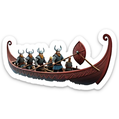 clash-of-clans-aesthetic_-cinematic-viking-longboat, rendered in a flat, bold vector style with minimal shading, featuring a striking dragon-headed prow slicing through icy, churning waters. shields on the side and vikings rowing The longboat’s intricately detailed shields and carved motifs evoke a sense of epic adventure and Nordic might, with billowing sails catching a dramatic, stormy sky backdrop. sticker