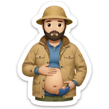Bearded man rubbing pregnant belly poking out of shirt wearing a tan canvas carhartt jacket with  chinese hat on sticker