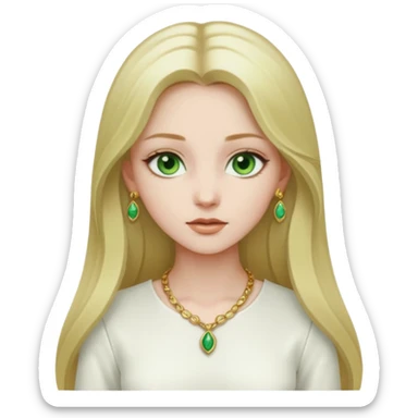 girl with very pale skin, green eyes, long dark blonde hair, white outfit, gold jewelry sticker