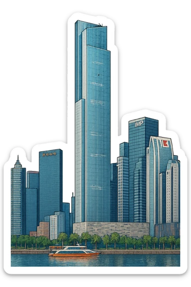 Изометричная, яркая, детализированная, объемная и фотореалистичная иллюстрация башни Guangzhou CTF Finance Centre. В стиле 3D-коллажей городов, насыщенные цвета, аккуратные и чёткие линии, мультяшно-реалистичная стилистика. Чёткие контуры, не размазанные линии, высокое качество, прозрачный фон, не обрезать края картинки sticker