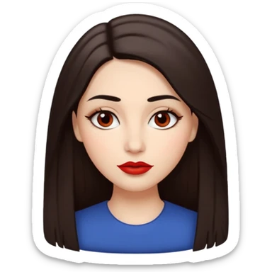 A woman emoji with fair skin, long straight dark brown hair parted in the middle, an oval-shaped face, arched dark eyebrows, almond-shaped brown eyes, a small nose, and full lips colored with red lipstick. sticker