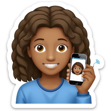 Faça um adolescente de cabelo cacheado médio sorrindo com um aparelho dental e fones de ouvido, com um moletom branco sticker