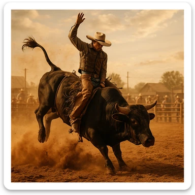 rodeo scene with cowboy riding a bucking bull, energetic, dust flying, western theme sticker