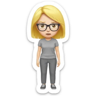 furious mom emoji, yellow hair, glasses, gray shirt and pants, simple and bold sticker