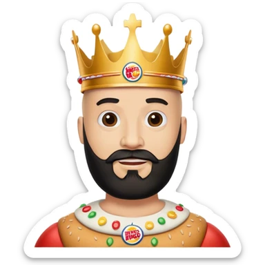 bald guy with black beard and a burger king crown sticker