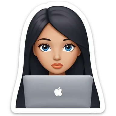 Glamours, tanned, very beautiful girl, with big pump peach lips, black straight smooth silky long hair, straight parting, blue-grey eyes, holding MacBook sticker