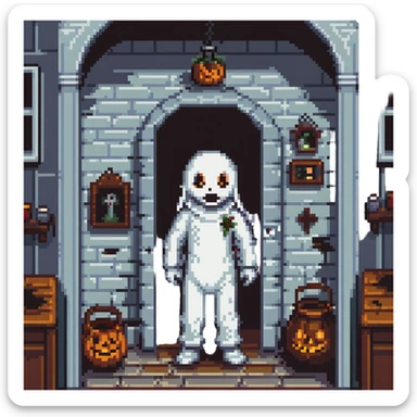 ghost boy inside a haunted house, spooky atmosphere sticker