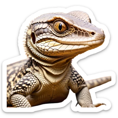 Cinematic Comical brown camo spotted monitor Lizard Portrait Emoji, Head tilted dramatically with an exaggeratedly shocked expression, featuring a robust, patterned body with wide, comically expressive eyes full of humorous disbelief, Simplified yet hilariously expressive features, highly detailed, glowing with a slightly sassy glow, high shine, dramatic yet playful, stylized with an air of quirky reptilian attitude, soft glowing outline, capturing the essence of a meme-worthy brown camo spotted monitor lizard that looks ready to side-eye its way into viral fame! sticker
