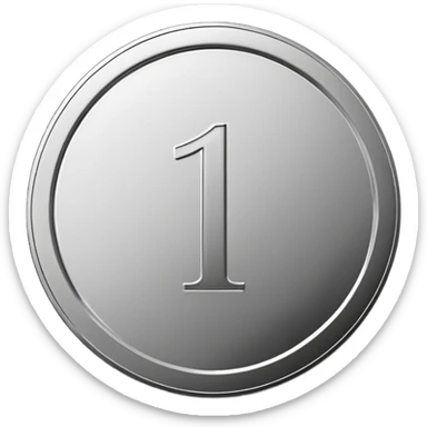 Emoji icon of a metal coin with engraved number 1, minimalist style, isolated, only metal color sticker