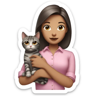 Brunette girl with straight hair in a pink blouse, holding a gray, striped, brown-eyed cat with a bow in her arms sticker