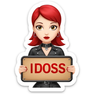 A dominatrix holding a large sign sticker