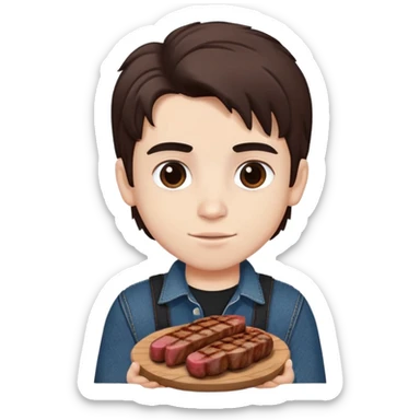 Turkish beautiful finish Konya boy white skin and good hair and brown eyes with black and denim clothes and had on his hand grilled meat sticker