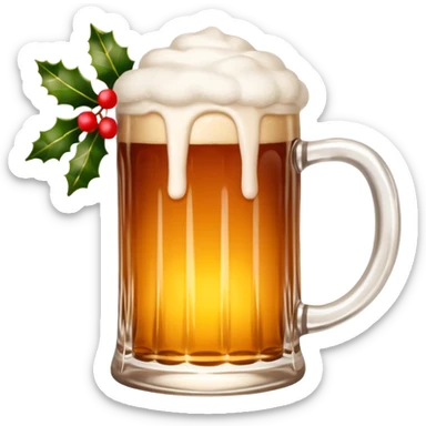 Scandinavian-style Christmas beer mug with frothy top, surrounded by holly and festive lights, warm and inviting sticker