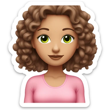 Brunette long and curly hair and green eyes yoga beautiful girl in light pink pink pink clothes sitting on a yoga mat sticker