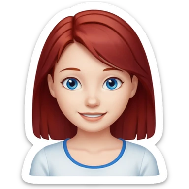 generate a young girl with dark red hair in a white top. she is supposed to have blue eyes  sticker