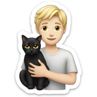 Boy with blonde hair holding a black cat sticker