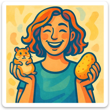 a woman smiling, holding a hamster and a potato, stylized sticker