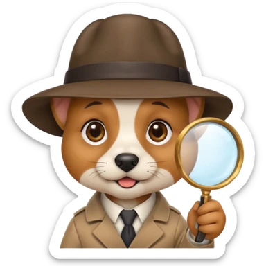 cute dog face emoji wearing detective hat, holding magnifying glass, friendly playful expression, simple bold lines, apple emoji style sticker