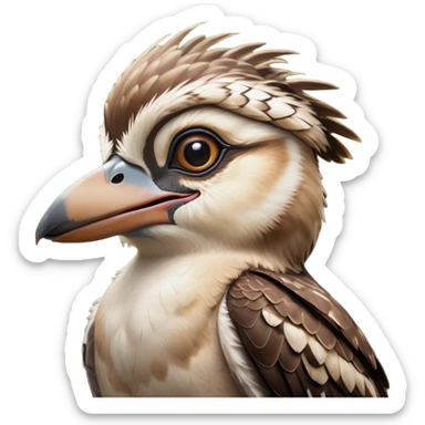 Cinematic Comical Kookaburra Portrait Emoji, Head tilted dramatically with an exaggeratedly amused expression, featuring a strikingly patterned brown and cream plumage with wide, expressive eyes filled with playful disbelief, Simplified yet hilariously expressive features, highly detailed, glowing with a slightly sassy glow, high shine, dramatic yet playful, stylized with an air of cheeky bushland mischief, bright and endearing, soft glowing outline, capturing the essence of a spirited and over‐the‐top kookaburra, so meme‐worthy it feels like it could cackle its way into internet fame instantly! sticker
