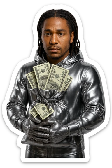 Edit the character to have brown skin and natural facial features with dreadlocks hairstyle. Dress him in a full chrome suit without goggles. He should be holding a chrome brown money bag with realistic US dollar bills coming out of the top and also from the side of him. The background remains transparent. Only the suit and money bag are chrome (bag is chrome brown), while the face, hands, and money look natural and realistic. sticker