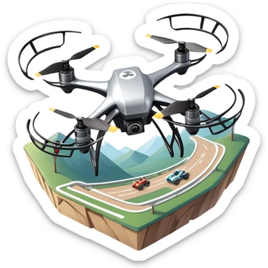 An icon showing a racing quadcopter drone in the foreground, flying at high speed through a course filled with obstacles and checkpoints. Other drones zoom in the background over a dynamic landscape. Transparent background highlights the thrill and precision of drone racing. sticker