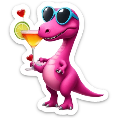pink dinosaur with heart shape sunglasses holding a cocktail  sticker