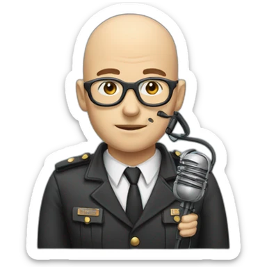 bald inspector with glasses with headphone and mic sticker