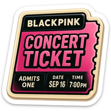 concert ticket, retro sticker style, black and pink, bold outlines, vibrant and fun, BLACKPINK pop star theme sticker