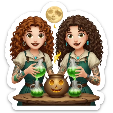 forest alchemist duo two women curly long hair tattooed and short brown mullet mixing glowing moon potion together excited faces sticker