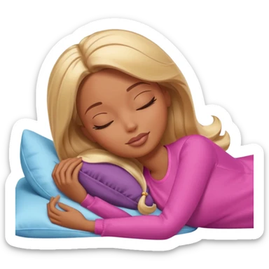 Brown skin blonde hair Barbie laying on side sleeping in bed with eyes closed sticker
