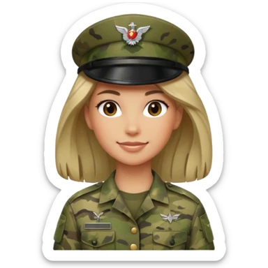Female soldier emoji in Apple style, no cap/helmet, bust portrait, gentle smile, generic camo, hair visible, soft gradients, transparent PNG sticker