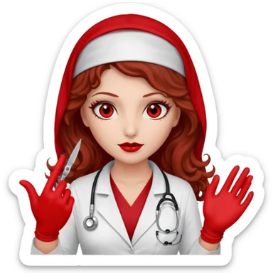 Lilith scalpel in hand, evil surgeon sexy surgeon clothes.  She has red eyes. She brown long curly hair. Wears sexy doctor outfit with red gloves. Wears red burka to hide her identity sticker
