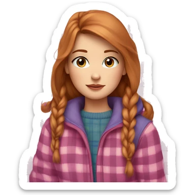 a girl with light reddish brown hair and blue eyes lies under a winter pink plaid sticker