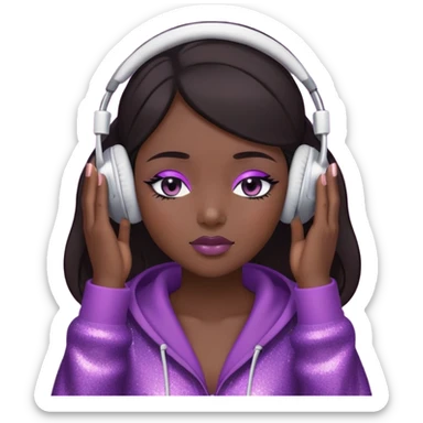 Girl with dark hair, wearing a cover up, has glitter on her eyelids, and wearing mauve lipstick, wearing headphones, her hands are on her ears, and her eyes are close sticker