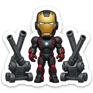 Iron Man avec tous ses équipements et des gigas canons autour de lui et son armure est noir et rouge sticker